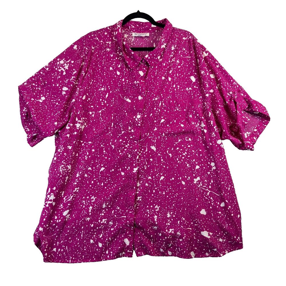 Roamans Shirt Womens 32W Purple Paint Splatter Short Sleeve Polyester Button Up